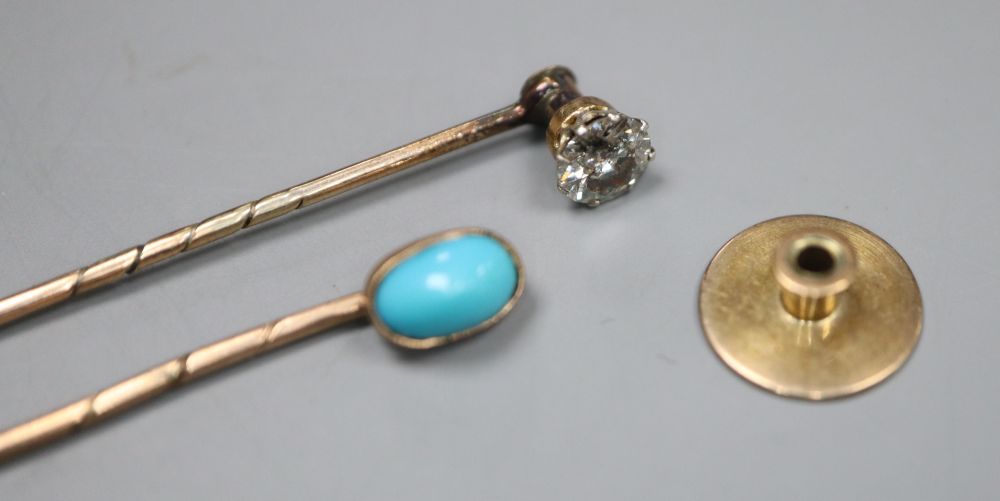Two late Victorian sick pins- turquoise set and solitaire diamond set, longest 62mm, gross 2.5 grams and an odd stud.